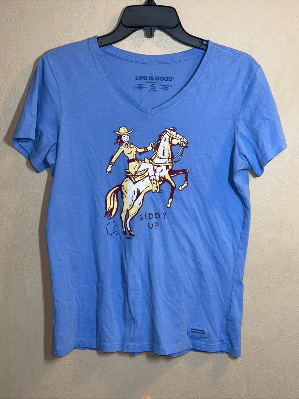 NWOT Life is Good Crusher-Lite Blue 'Giddy Up' T Sz Sm